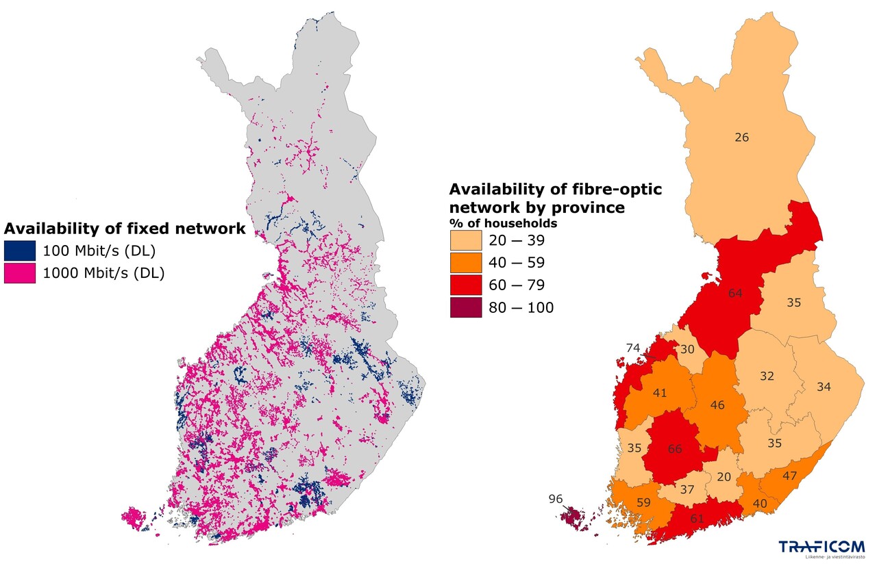  Map about availability of fixed network in FInland and fibre-optic network by province in Finland. You can see that in Mäntsälä about 20% of households have fibre optic network and in some places its speed is up to 1000 Mbit/s (DL)
