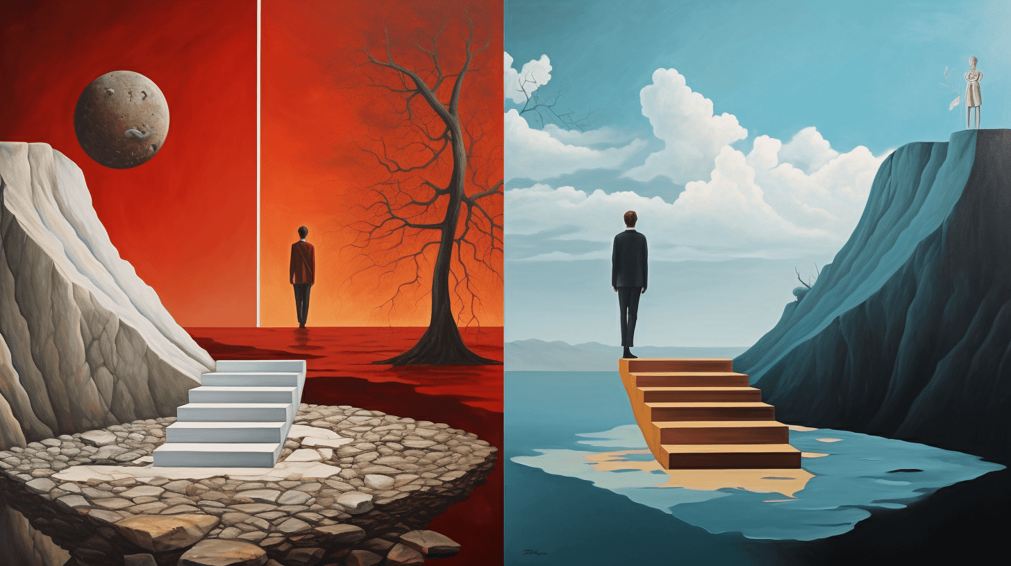Tekoälyn tuottama animaatiokuva, jossa ihminen seisoo portaiden päässä katsellen eteenpäin. Vasemmalla puolella on punasävyinen tausta, kallio ja kuun oloinen kappale taivaalla sekä horisontissa kuollut puu. Oikealla puolella on sinivihreä sävytys, kallio on oikealla ja taivaanrannassa on harsopilviä. Hahmo seisoo kallion päällä. Tunnelma oikealla puolella on optimistisempi kuin vasemmalla.