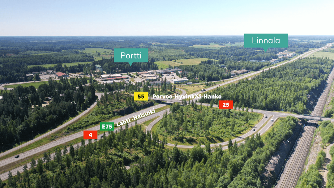 Ilmakuva Mäntsälän eteläisten liittymien kohdalta Linnalan yritysalueen suuntaan. Liittymien kohdalle on merkattu Porvooseen vievä tie 55, Hyvinkäälle ja Hankoon vievä tie 25 ja Helsinki-Lahti moottoritie E75 eli nelostie.